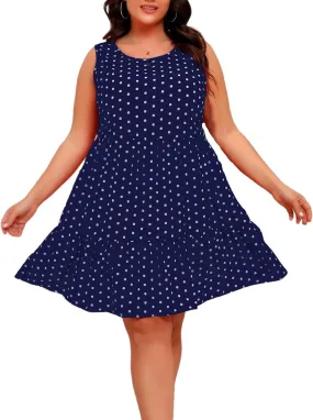 Women's Summer Plus Size Swing Dress, Sleeveless Crewneck Casual Dresses Fashion Polka Dot Porm Party Trendy Clothes