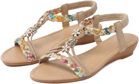 Women's Summer Sandals Casual Comfortable Bohemia Beach Flat Sandals Open Toe Non Slip Elastic Ankle Strap Cute Comfortable Sandal Summer Dressy Beach T-Strap Rhinestone Sparkly Bling Bohemia Shoes