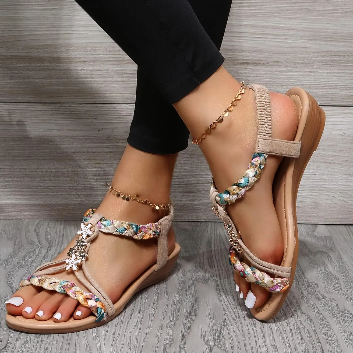 Women's Summer Sandals Casual Comfortable Bohemia Beach Flat Sandals Open Toe Non Slip Elastic Ankle Strap Cute Comfortable Sandal Summer Dressy Beach T-Strap Rhinestone Sparkly Bling Bohemia Shoes