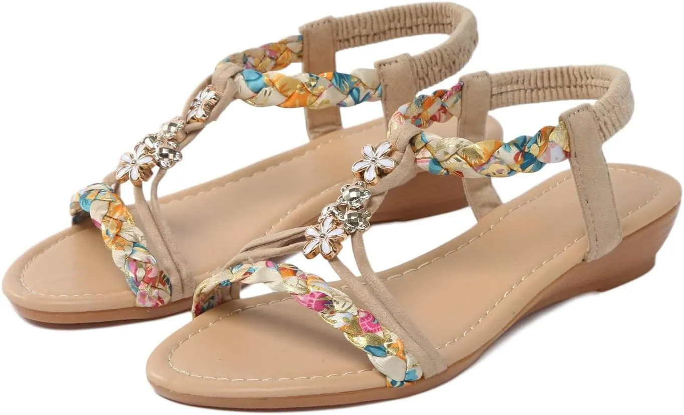 Women's Summer Sandals Casual Comfortable Bohemia Beach Flat Sandals Open Toe Non Slip Elastic Ankle Strap Cute Comfortable Sandal Summer Dressy Beach T-Strap Rhinestone Sparkly Bling Bohemia Shoes