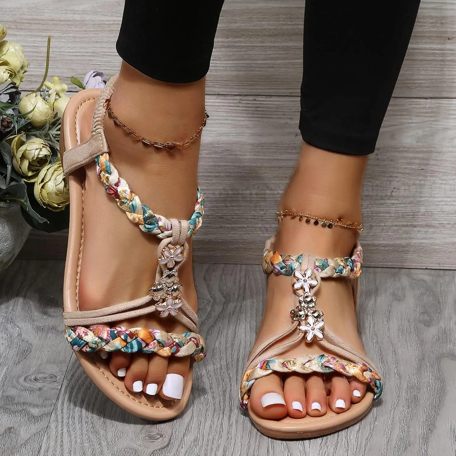 Women's Summer Sandals Casual Comfortable Bohemia Beach Flat Sandals Open Toe Non Slip Elastic Ankle Strap Cute Comfortable Sandal Summer Dressy Beach T-Strap Rhinestone Sparkly Bling Bohemia Shoes