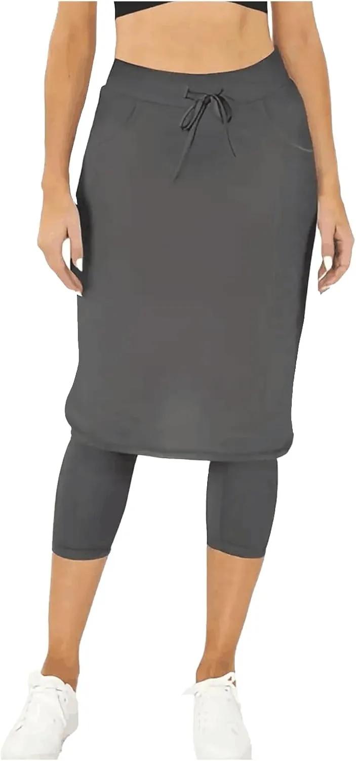 Womens Tennis Skirt with Capri Leggings High Waisted Drawstring Casual Skirts Athletic Knee Length Skorts with Pockets