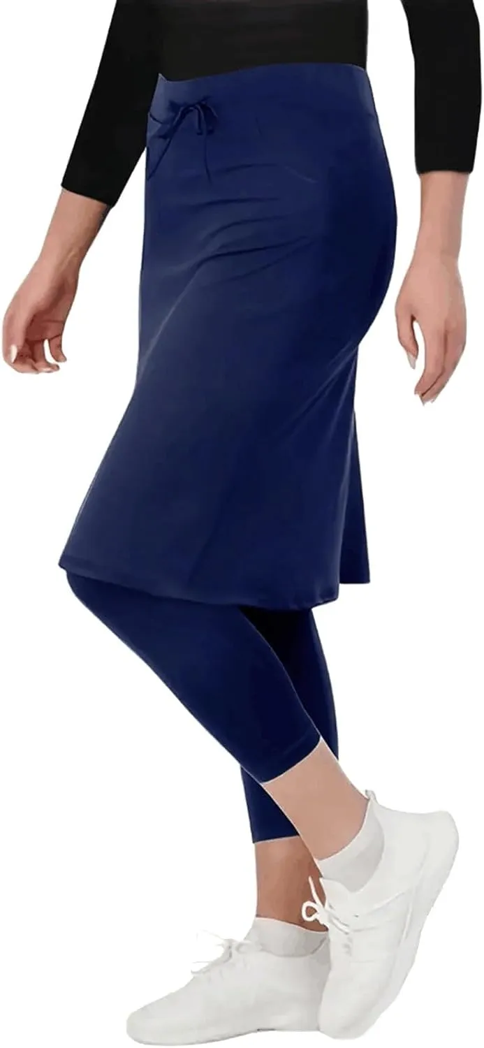 Womens Tennis Skirt with Capri Leggings High Waisted Drawstring Casual Skirts Athletic Knee Length Skorts with Pockets