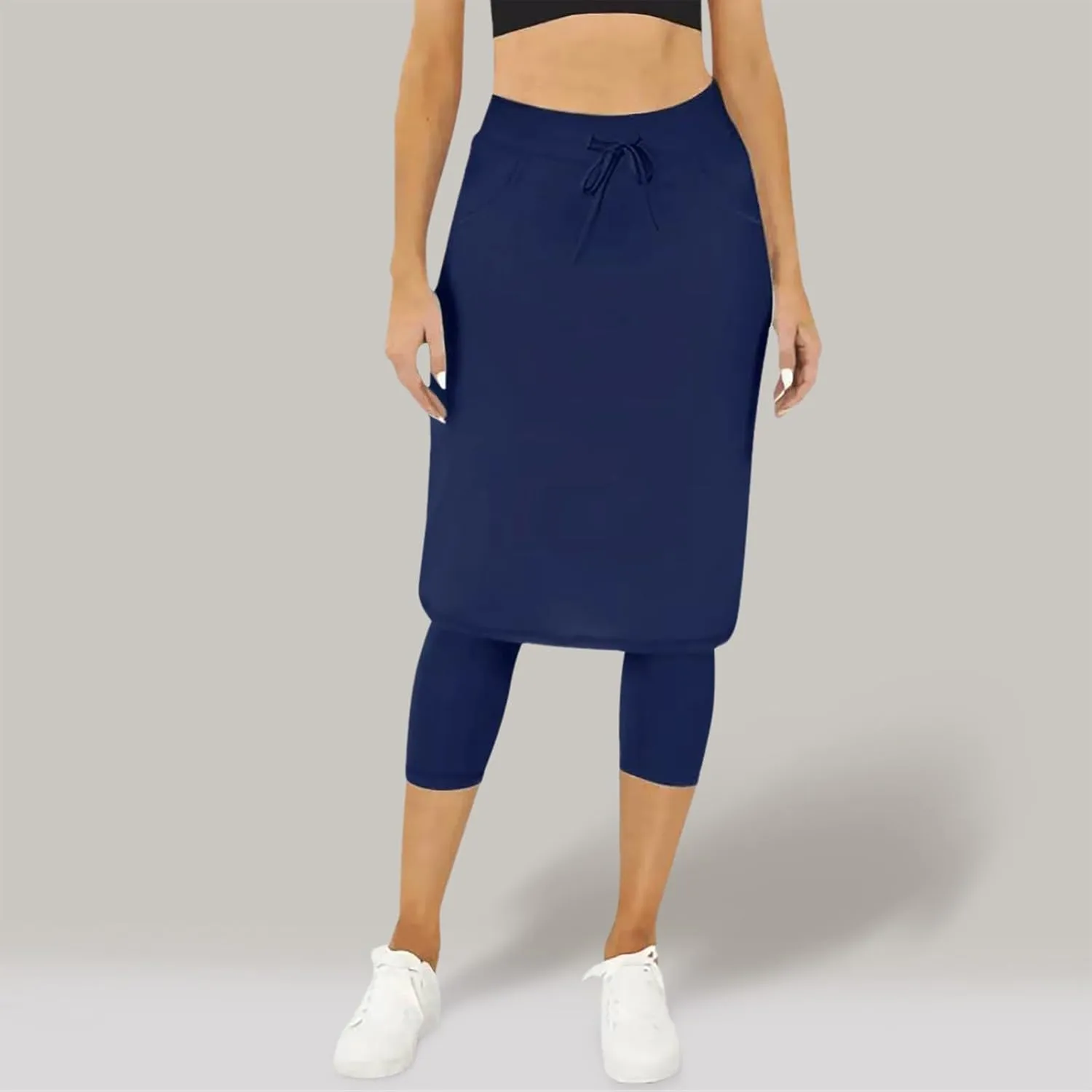Womens Tennis Skirt with Capri Leggings High Waisted Drawstring Casual Skirts Athletic Knee Length Skorts with Pockets