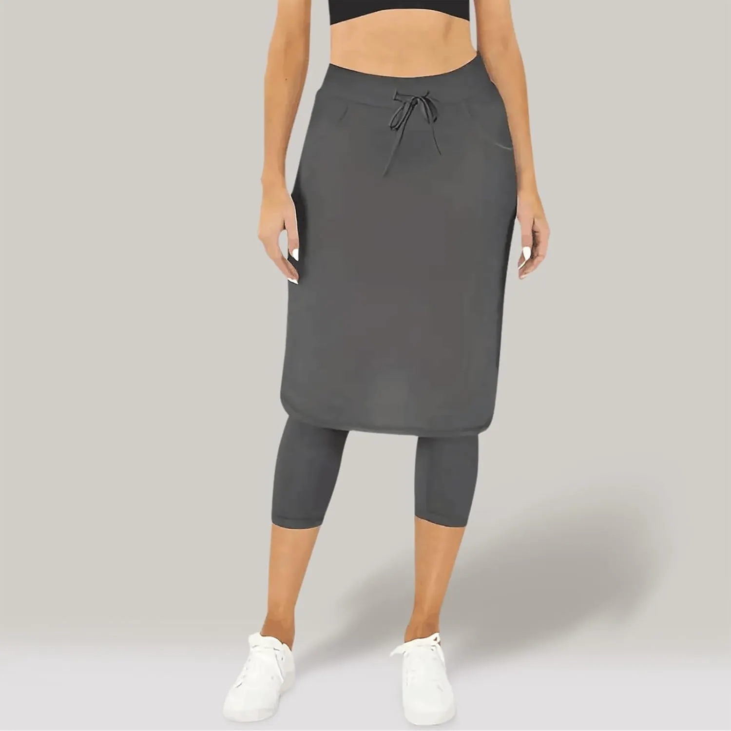 Womens Tennis Skirt with Capri Leggings High Waisted Drawstring Casual Skirts Athletic Knee Length Skorts with Pockets