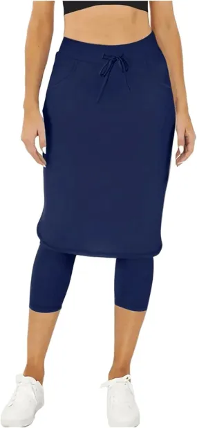 Womens Tennis Skirt with Capri Leggings High Waisted Drawstring Casual Skirts Athletic Knee Length Skorts with Pockets