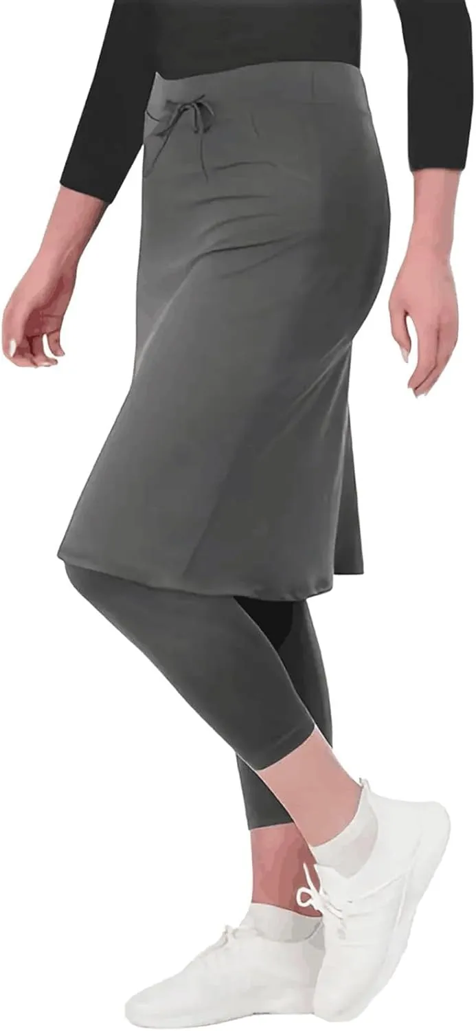 Womens Tennis Skirt with Capri Leggings High Waisted Drawstring Casual Skirts Athletic Knee Length Skorts with Pockets