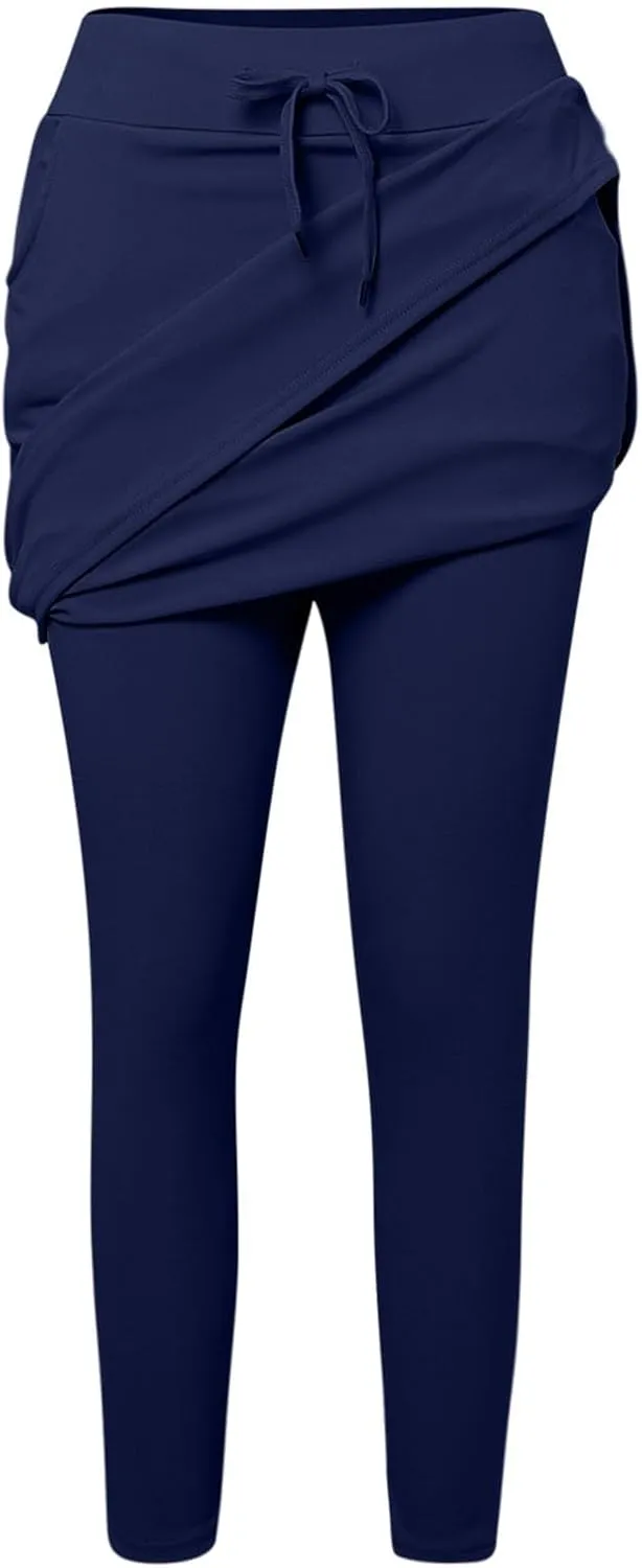 Womens Tennis Skirt with Capri Leggings High Waisted Drawstring Casual Skirts Athletic Knee Length Skorts with Pockets