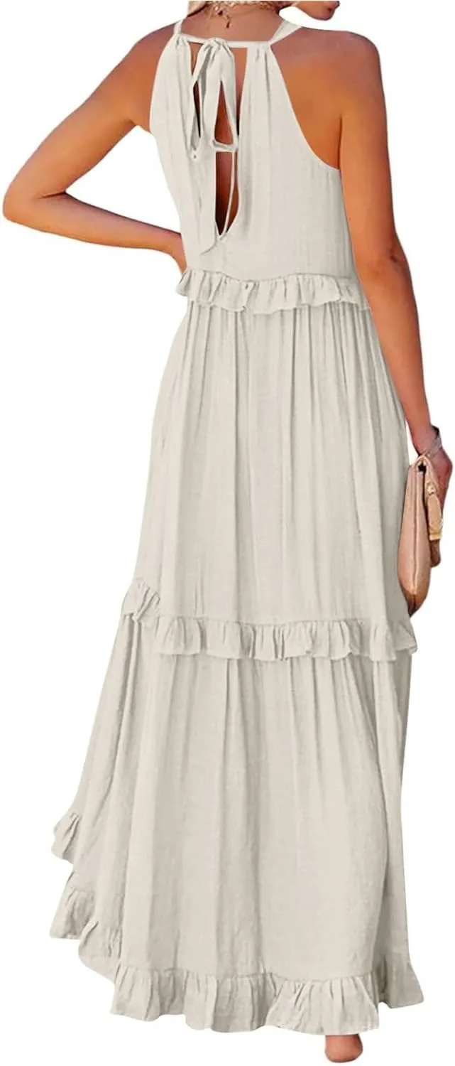 Womens Tiered Dress 2025 Summer Casual Sleeveless Tie Back Pleated Maxi Dress A Line Flowy Long Beach Sun Dresses