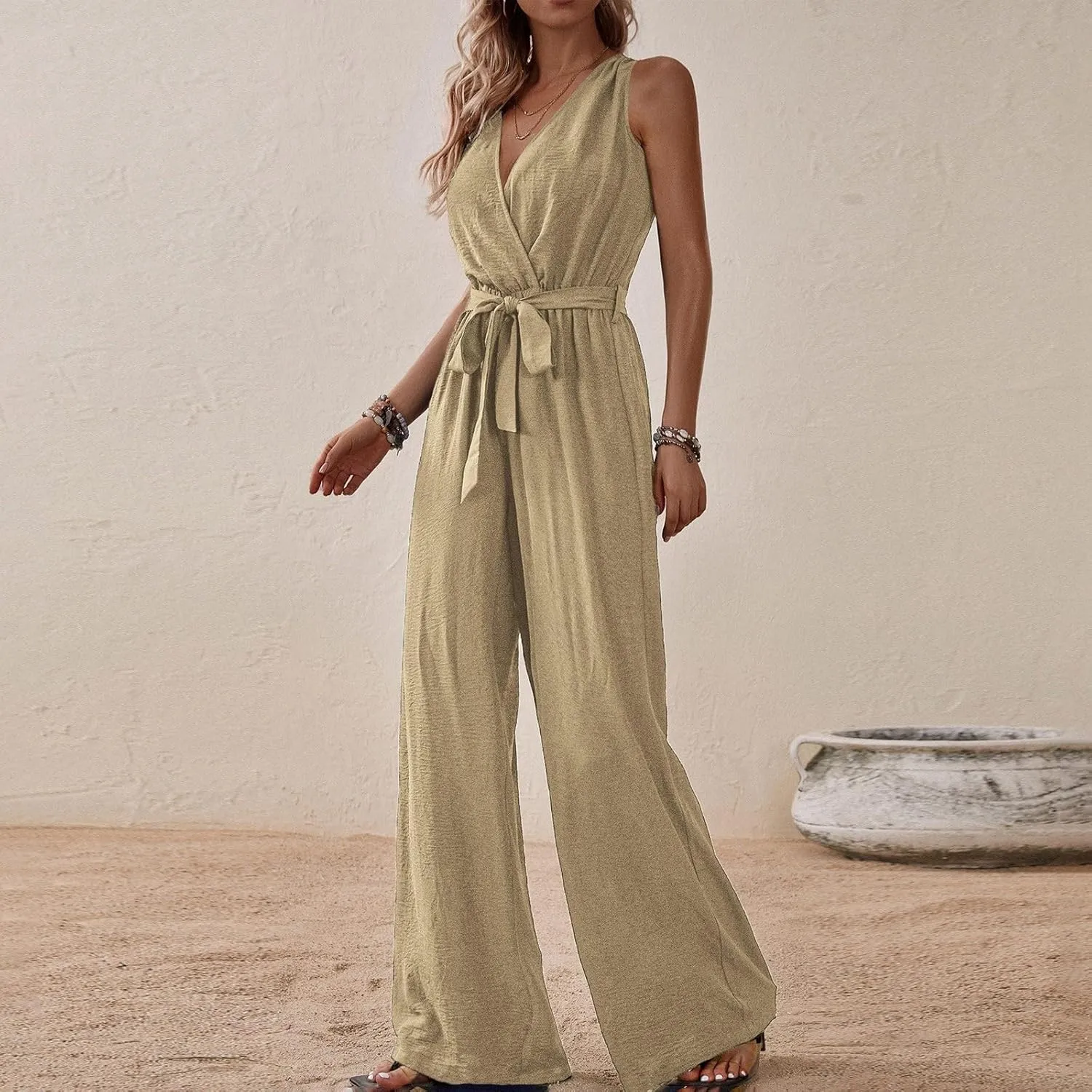 Women's V-Neck Jumpsuit Slimming Elegantes Summer Jumpers 1 Piece Outfits Comfortable Tropical Rompers with Pockets