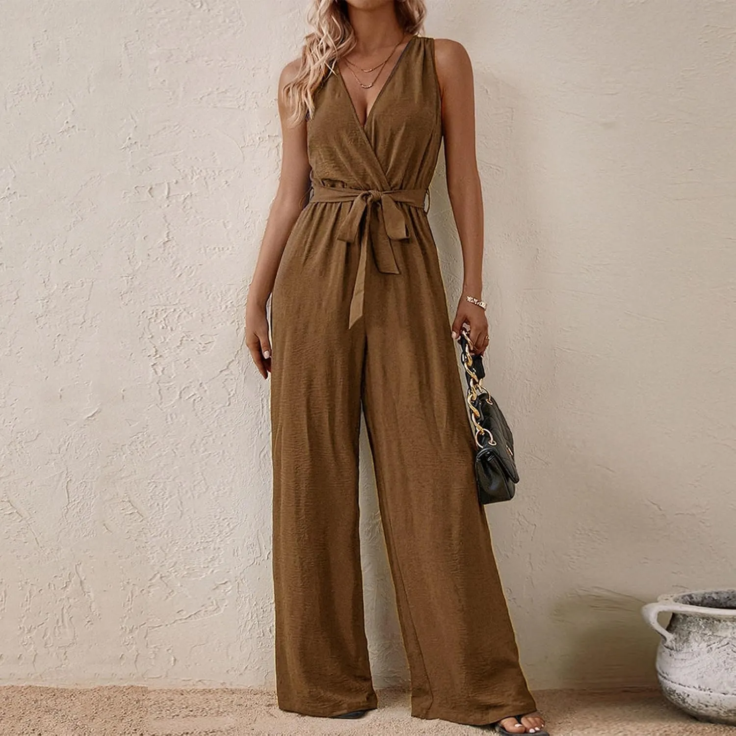 Women's V-Neck Jumpsuit Slimming Elegantes Summer Jumpers 1 Piece Outfits Comfortable Tropical Rompers with Pockets