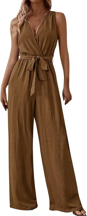Women's V-Neck Jumpsuit Slimming Elegantes Summer Jumpers 1 Piece Outfits Comfortable Tropical Rompers with Pockets