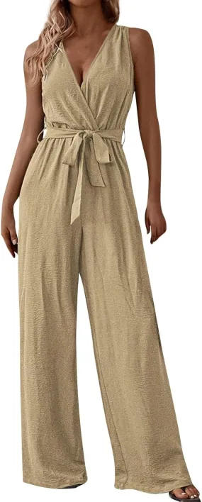 Women's V-Neck Jumpsuit Slimming Elegantes Summer Jumpers 1 Piece Outfits Comfortable Tropical Rompers with Pockets