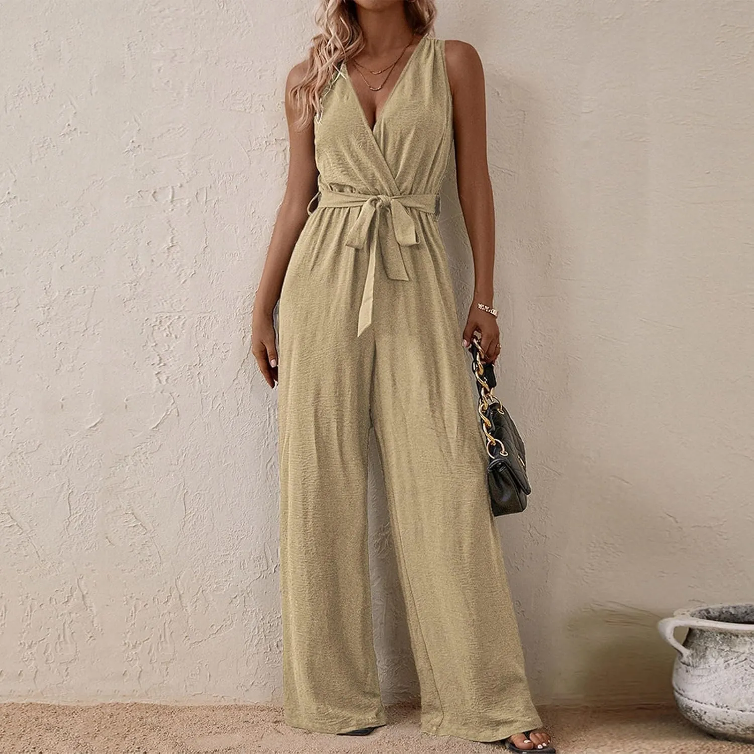 Women's V-Neck Jumpsuit Slimming Elegantes Summer Jumpers 1 Piece Outfits Comfortable Tropical Rompers with Pockets
