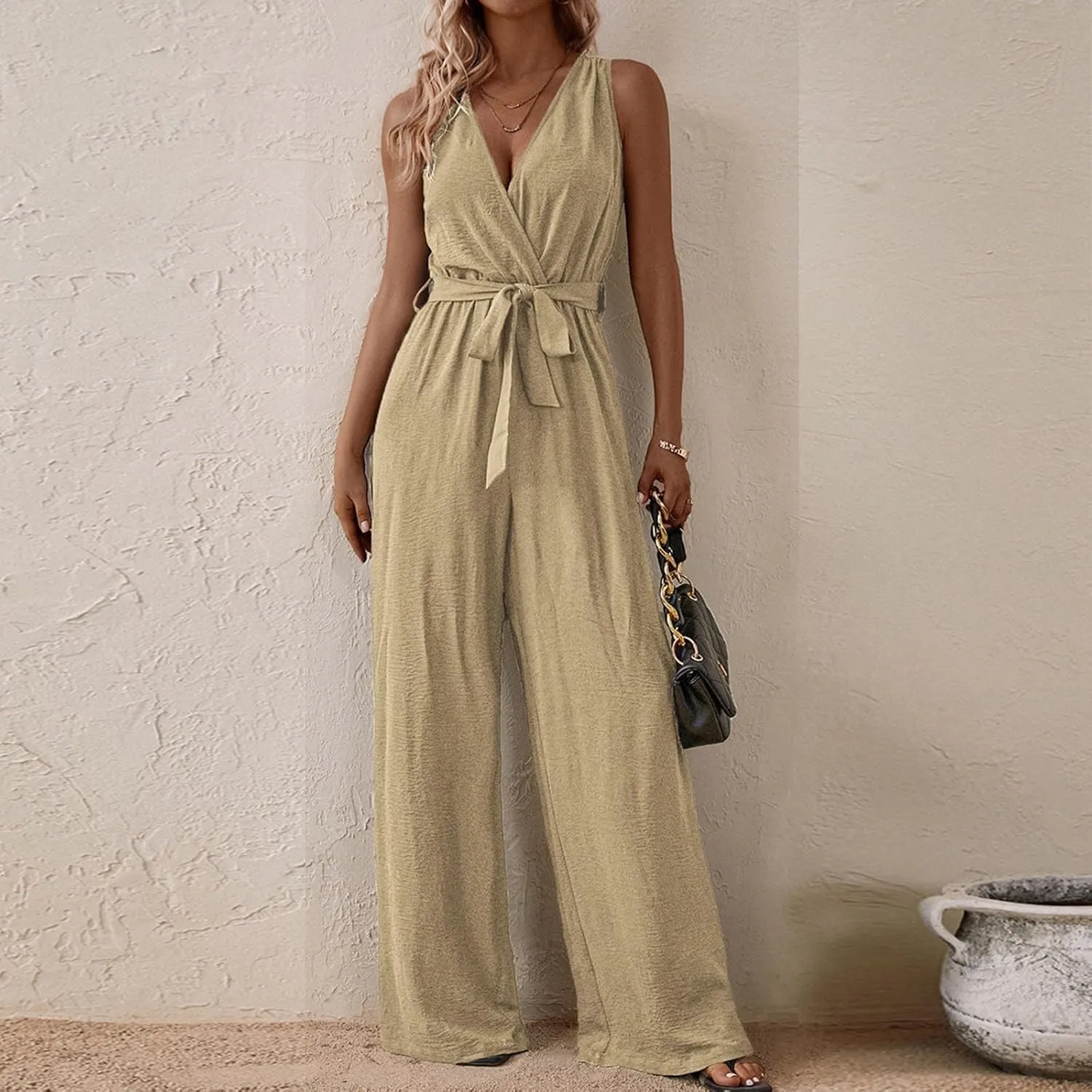Women's V-Neck Jumpsuit Slimming Elegantes Summer Jumpers 1 Piece Outfits Comfortable Tropical Rompers with Pockets