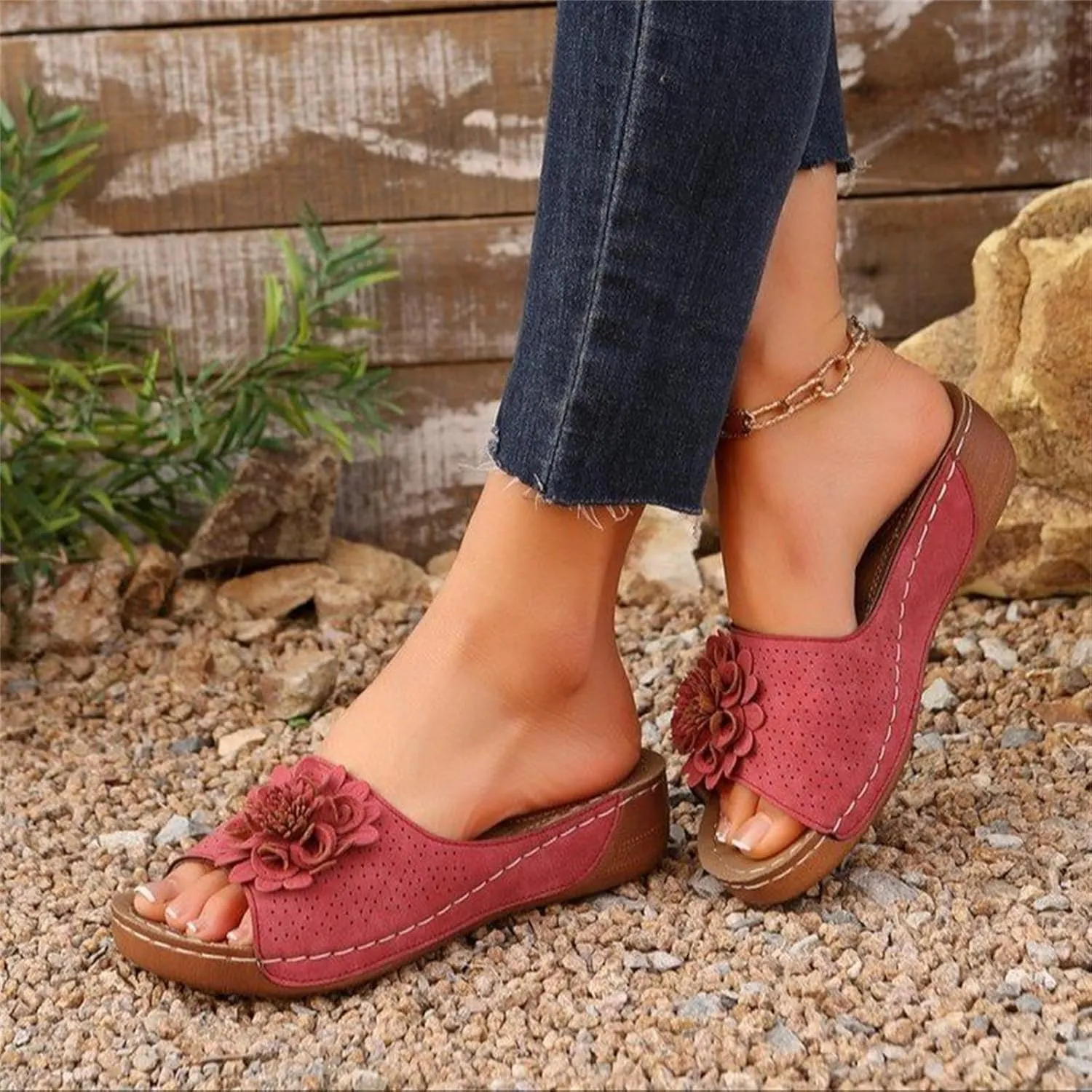 Womens Wedge Sandals Floral Open Toe Mid Heel Platform Comfortable Slides Wedges Shoes Casual Non Slip Lightweight Vamp with Flowers Slippers Flip Flops
