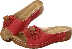 Womens Wedge Sandals Floral Open Toe Mid Heel Platform Comfortable Slides Wedges Shoes Casual Non Slip Lightweight Vamp with Flowers Slippers Flip Flops