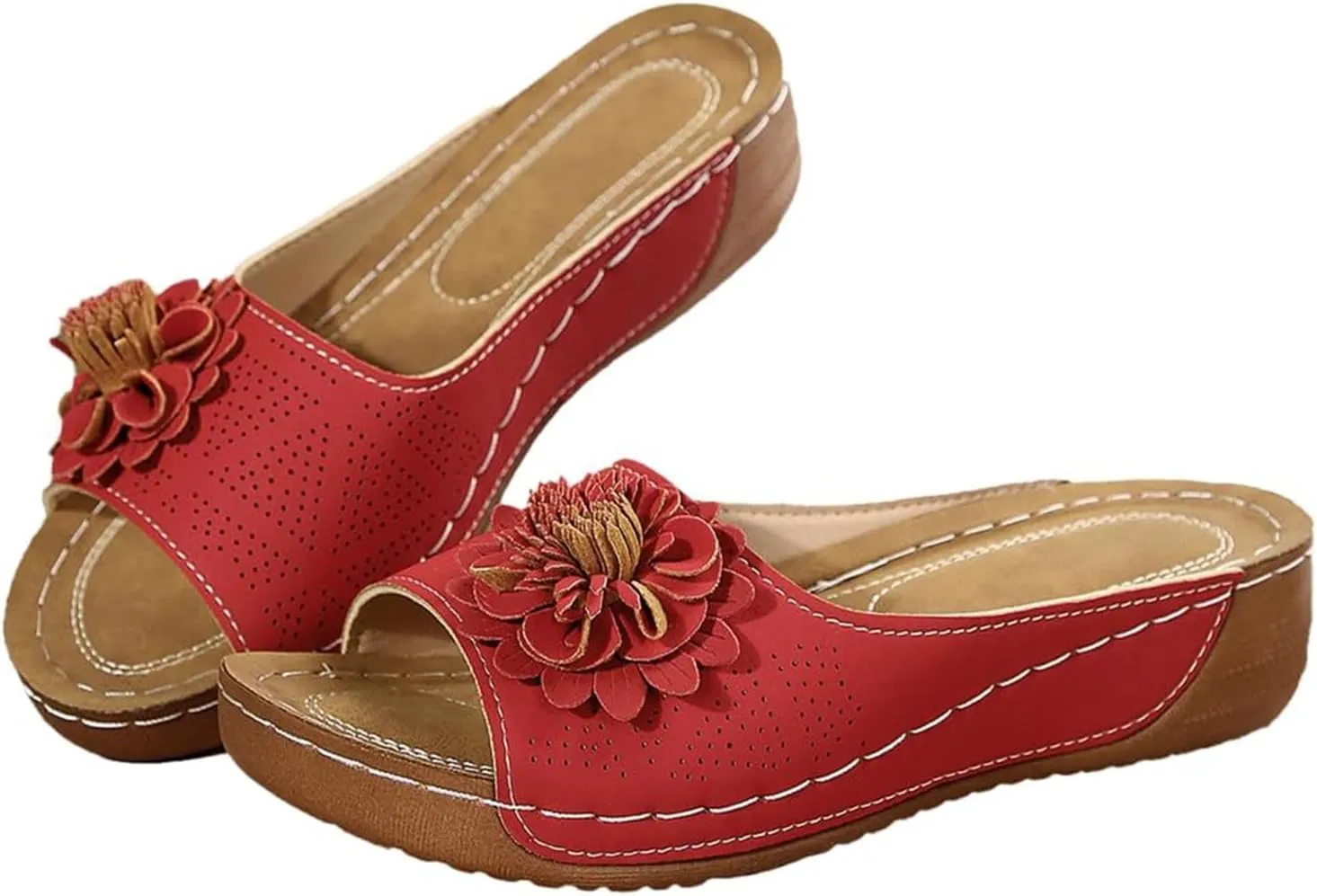 Womens Wedge Sandals Floral Open Toe Mid Heel Platform Comfortable Slides Wedges Shoes Casual Non Slip Lightweight Vamp with Flowers Slippers Flip Flops