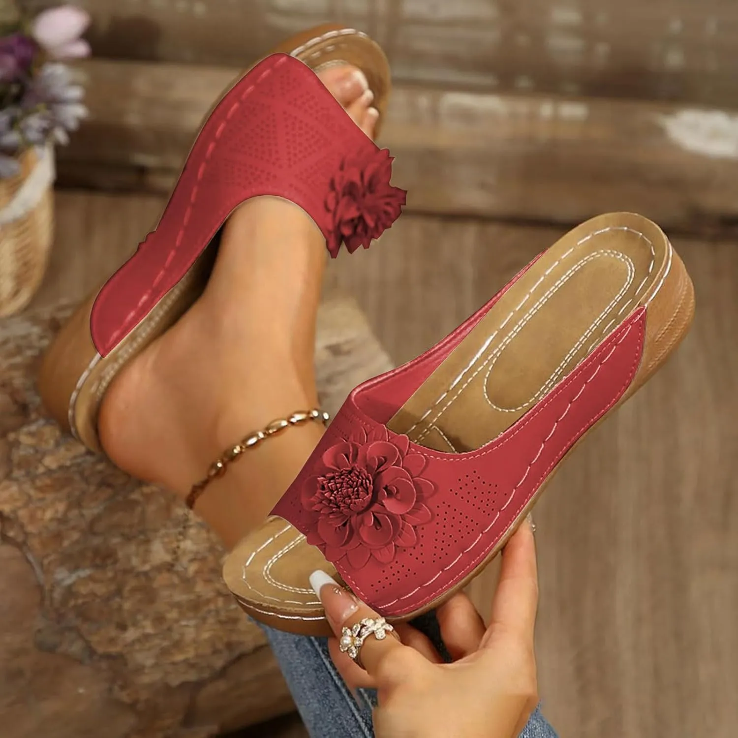 Womens Wedge Sandals Floral Open Toe Mid Heel Platform Comfortable Slides Wedges Shoes Casual Non Slip Lightweight Vamp with Flowers Slippers Flip Flops