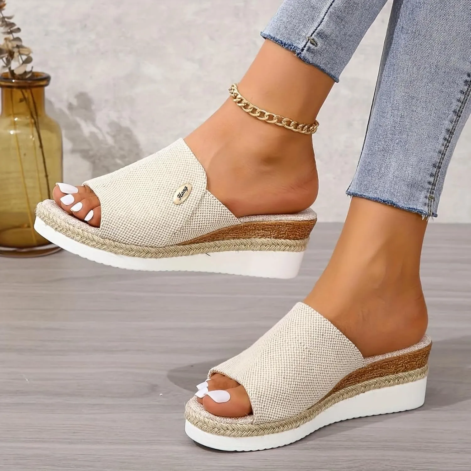 Women's Wedge Sandals Open Toe Espadrilles Sandals Womens Slip On Casual Espadrilles Summer Shoes Comfortable Dressy Wedding Lightweight Low Heel Slippers Outdoor Walking Beach Vacation Slippers