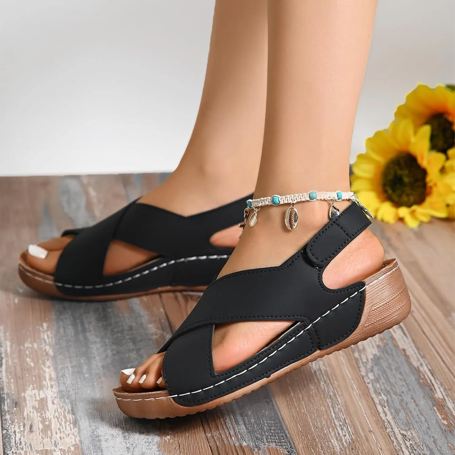 Womens Wedge Sandals Summer Closed Toe for Women Dressy Wedges Crisscross Strap Orthopedic Summer Comfortable with Arch Support Sandal Gladiator Causal Outdoor Beach Athletic Sandal