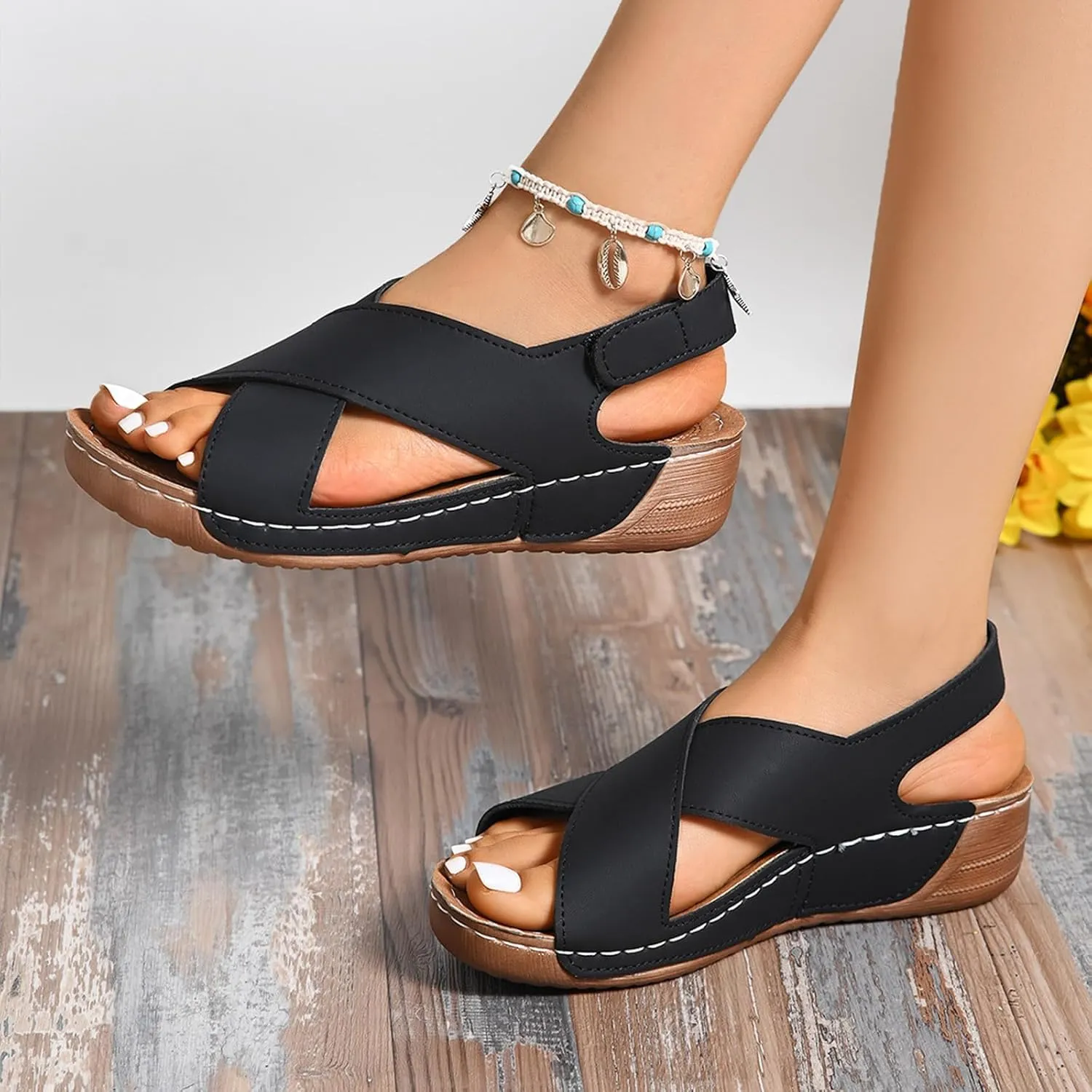 Womens Wedge Sandals Summer Closed Toe for Women Dressy Wedges Crisscross Strap Orthopedic Summer Comfortable with Arch Support Sandal Gladiator Causal Outdoor Beach Athletic Sandal