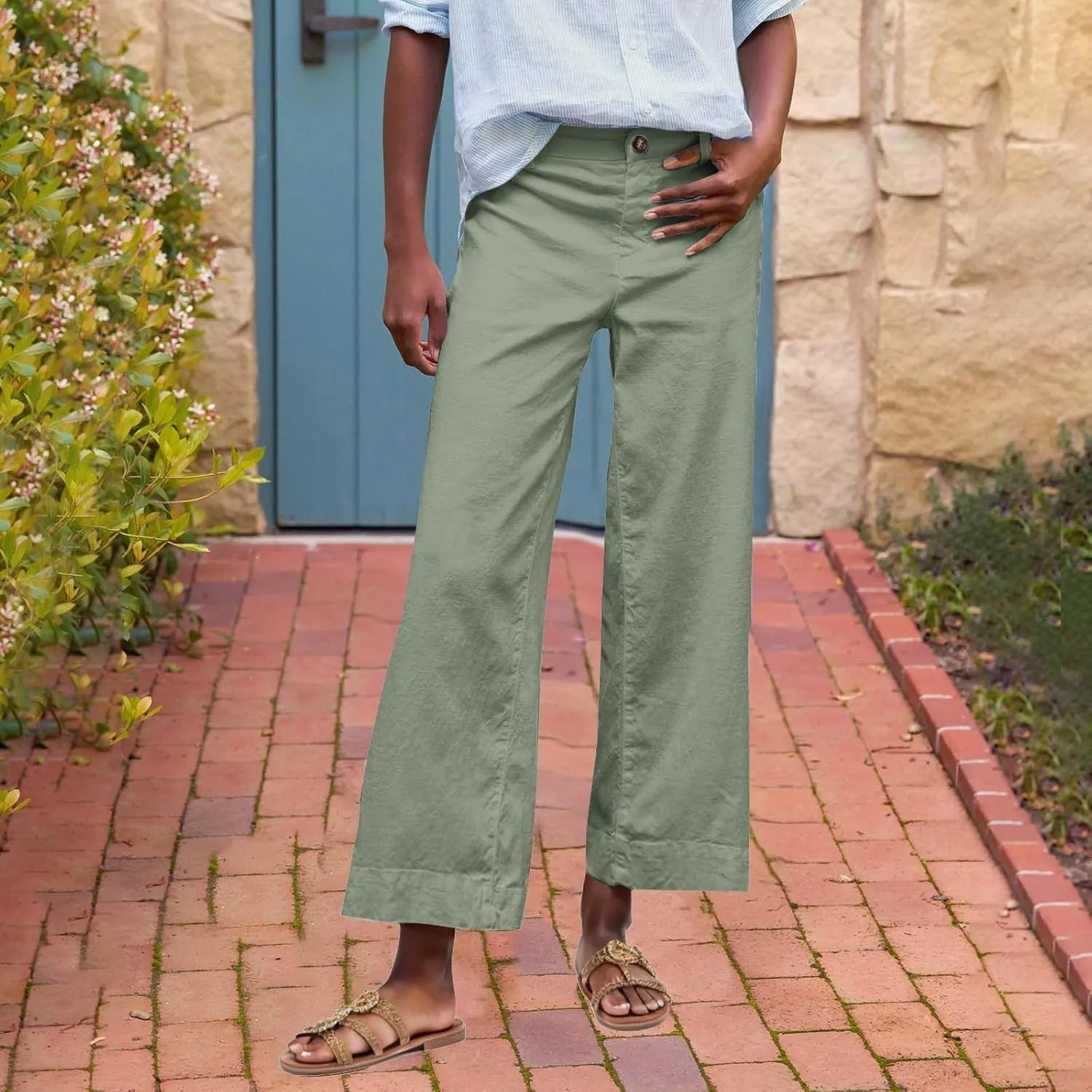 Womens Wide Leg Cotton Linen Button Pants High Waisted Loose Flare Ankle Pant Casual Business Office Work Trouser
