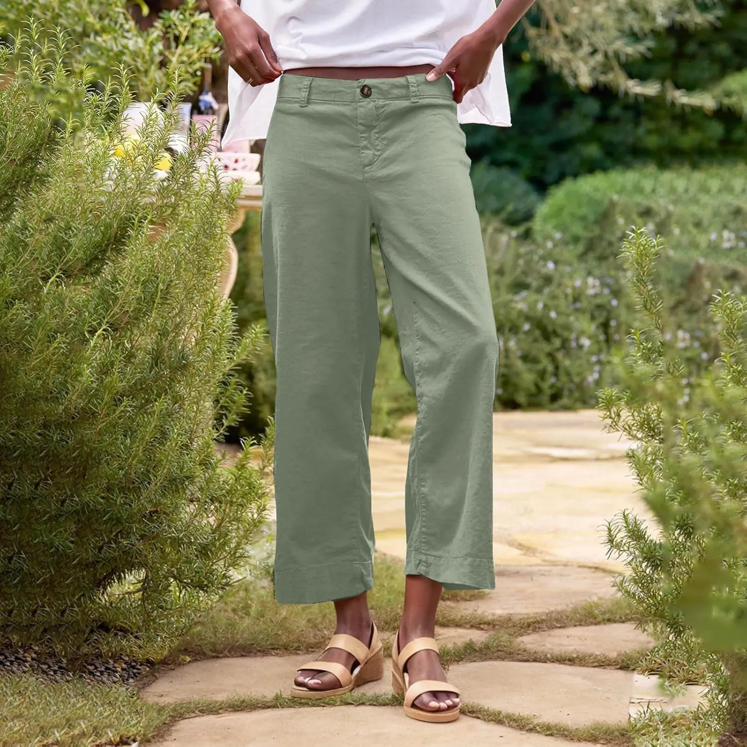 Womens Wide Leg Cotton Linen Button Pants High Waisted Loose Flare Ankle Pant Casual Business Office Work Trouser