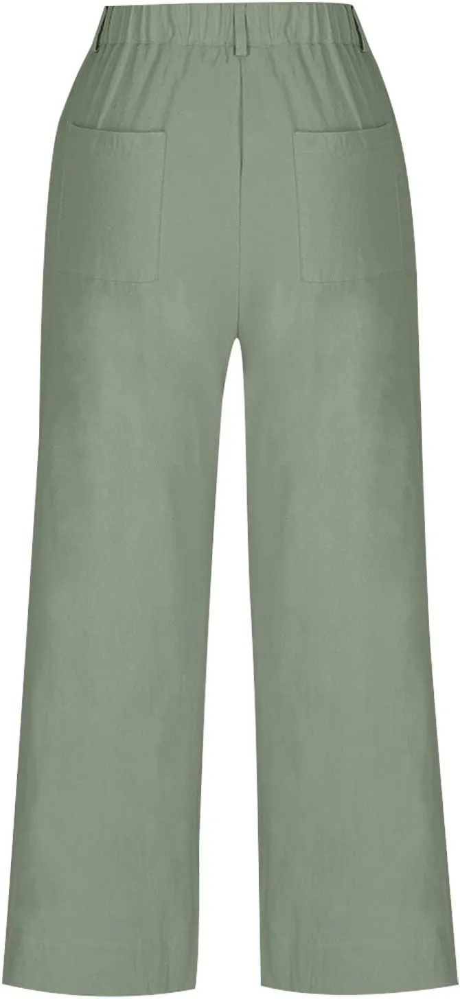 Womens Wide Leg Cotton Linen Button Pants High Waisted Loose Flare Ankle Pant Casual Business Office Work Trouser