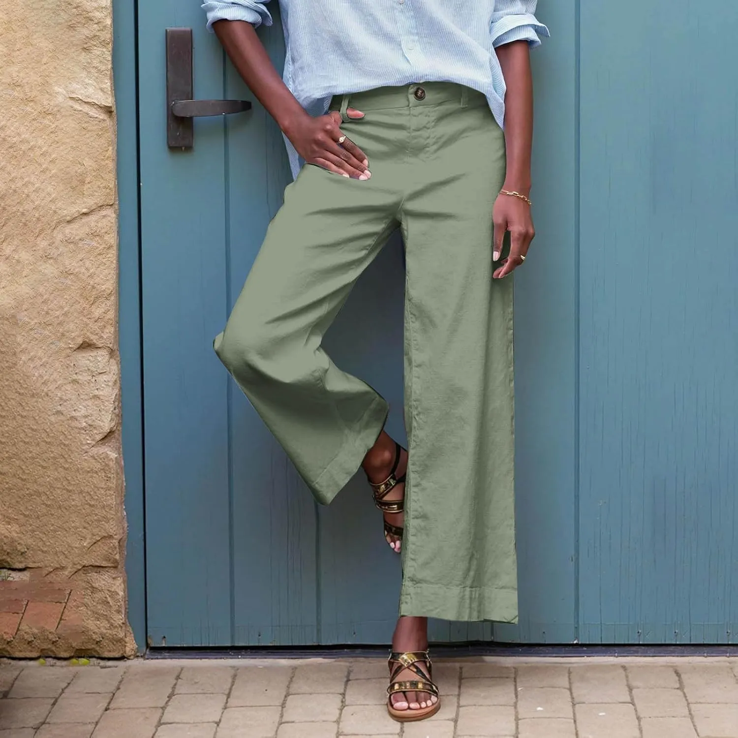 Womens Wide Leg Cotton Linen Button Pants High Waisted Loose Flare Ankle Pant Casual Business Office Work Trouser