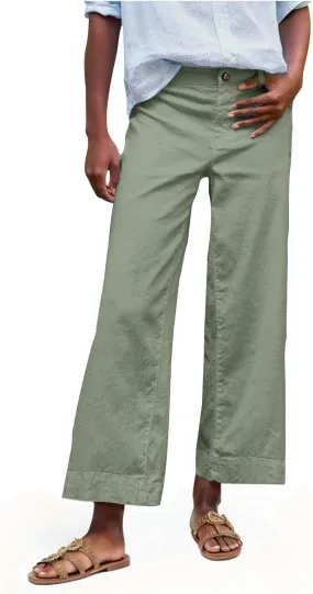 Womens Wide Leg Cotton Linen Button Pants High Waisted Loose Flare Ankle Pant Casual Business Office Work Trouser