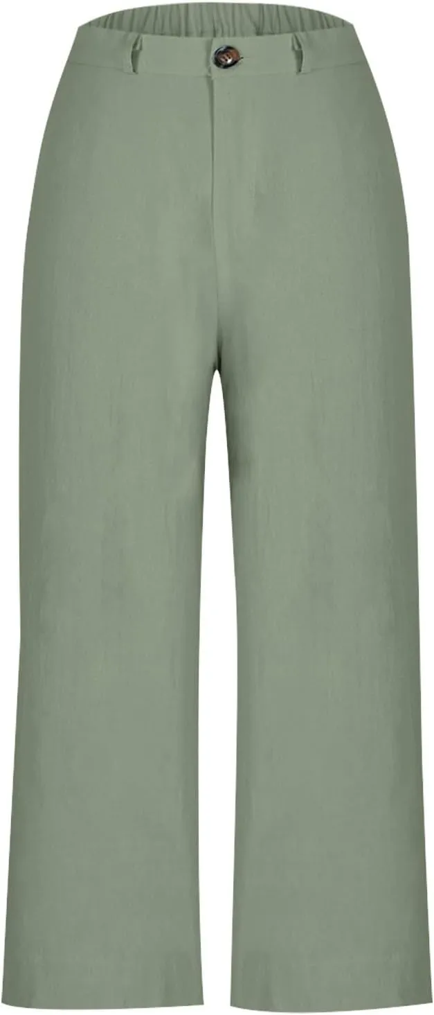 Womens Wide Leg Cotton Linen Button Pants High Waisted Loose Flare Ankle Pant Casual Business Office Work Trouser