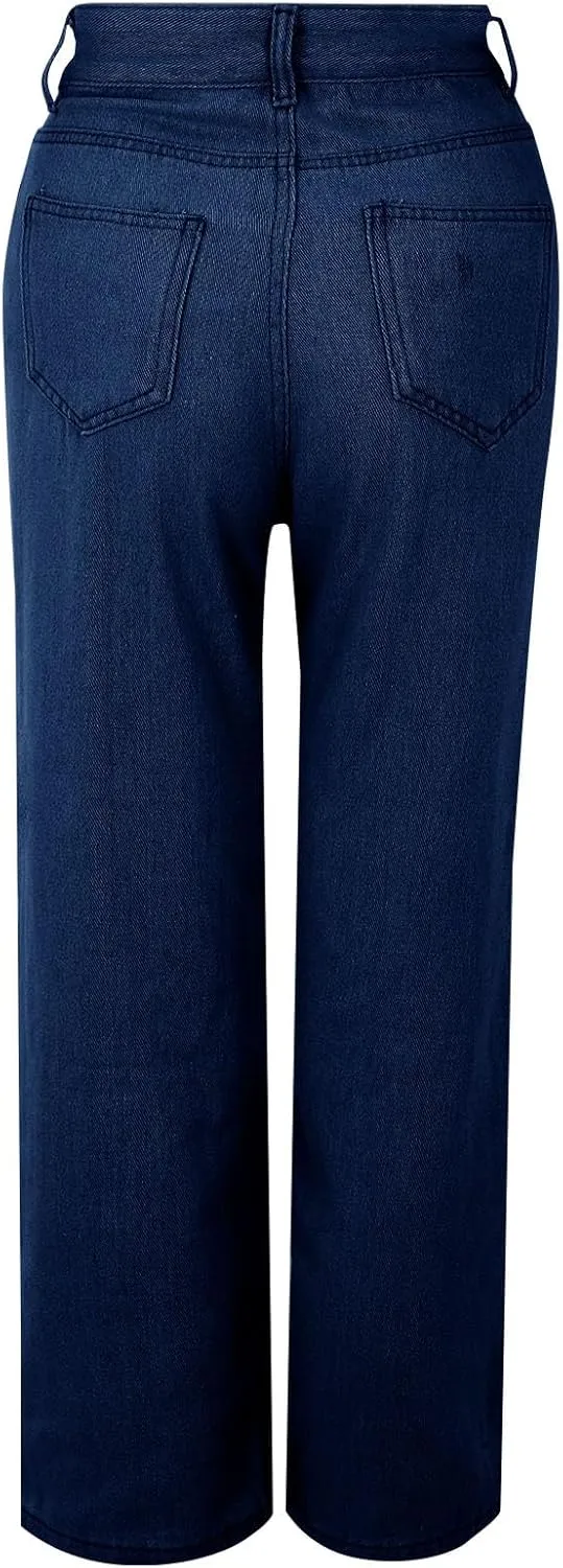 Women's Wide Leg Jeans Casual High Waisted Straight Leg Stretchy Denim Pants Lightweight Trendy Jeans with Pockets