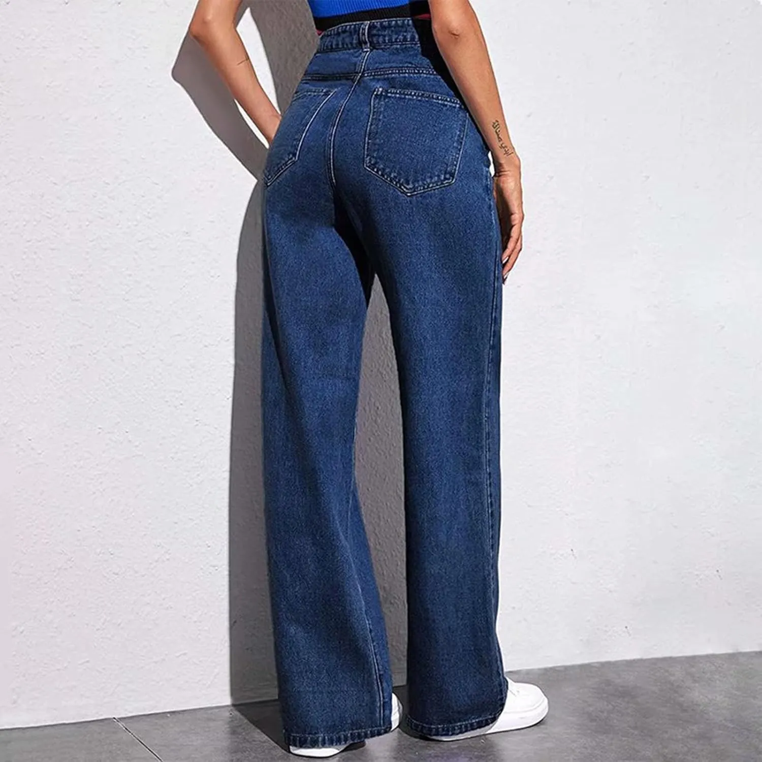 Women's Wide Leg Jeans Casual High Waisted Straight Leg Stretchy Denim Pants Lightweight Trendy Jeans with Pockets