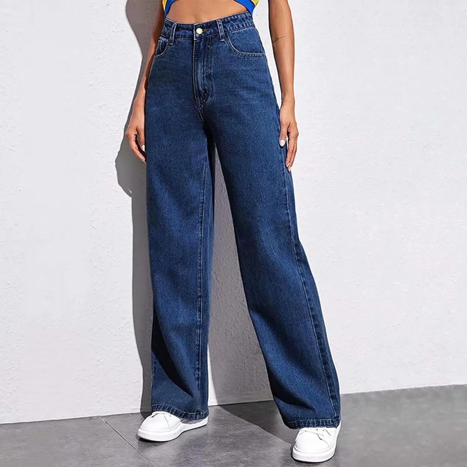 Women's Wide Leg Jeans Casual High Waisted Straight Leg Stretchy Denim Pants Lightweight Trendy Jeans with Pockets