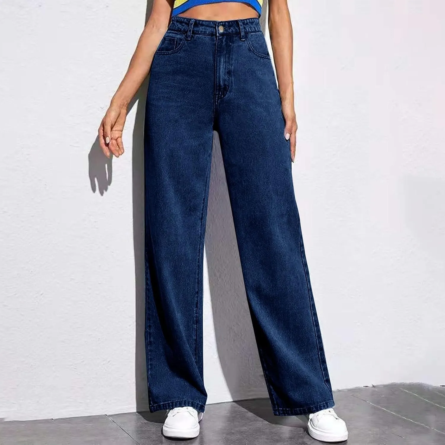 Women's Wide Leg Jeans Casual High Waisted Straight Leg Stretchy Denim Pants Lightweight Trendy Jeans with Pockets