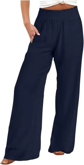 Womens Wide Leg Pants Casual High Waisted Lounge Button Trousers Flowy Lightweight Long Pant Vacation Business Pocket
