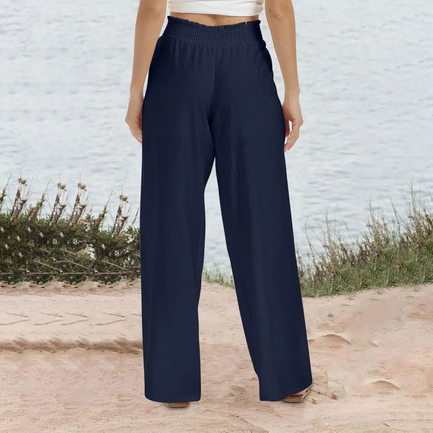 Womens Wide Leg Pants Casual High Waisted Lounge Button Trousers Flowy Lightweight Long Pant Vacation Business Pocket