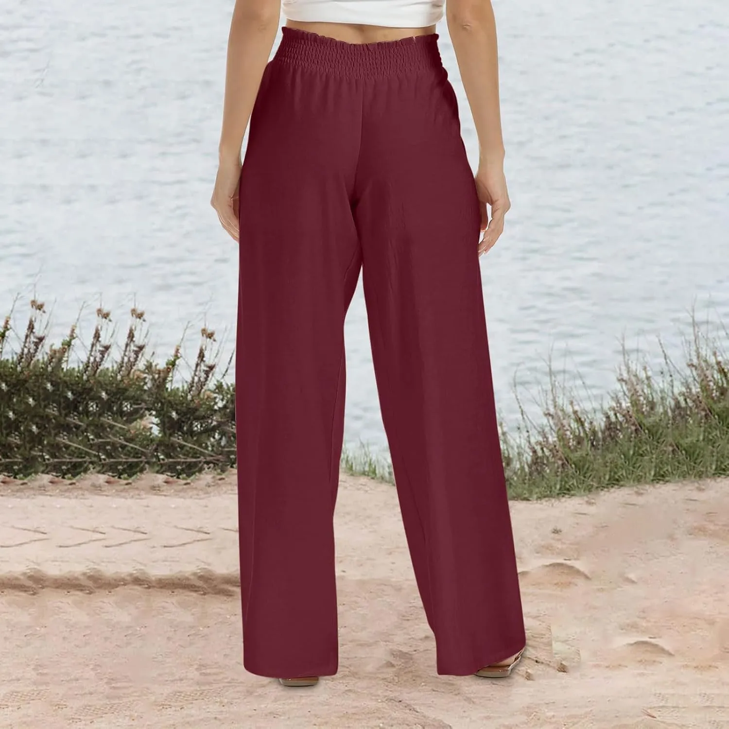 Womens Wide Leg Pants Casual High Waisted Lounge Button Trousers Flowy Lightweight Long Pant Vacation Business Pocket