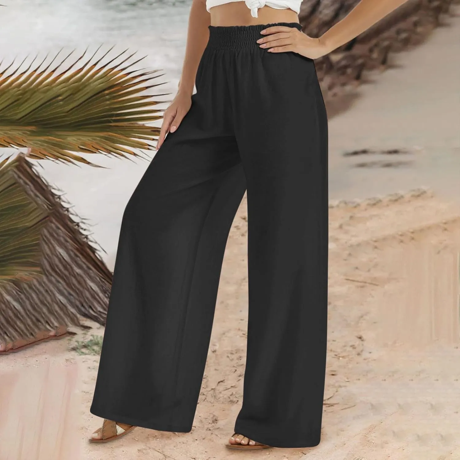 Womens Wide Leg Pants Casual High Waisted Lounge Button Trousers Flowy Lightweight Long Pant Vacation Business Pocket