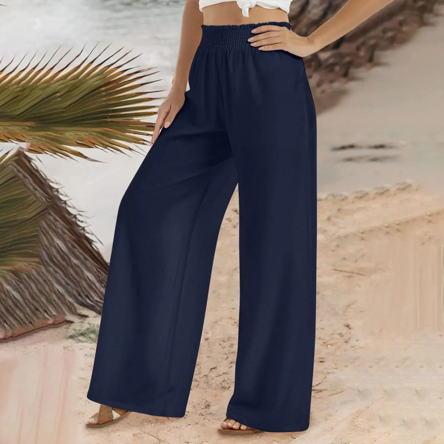 Womens Wide Leg Pants Casual High Waisted Lounge Button Trousers Flowy Lightweight Long Pant Vacation Business Pocket