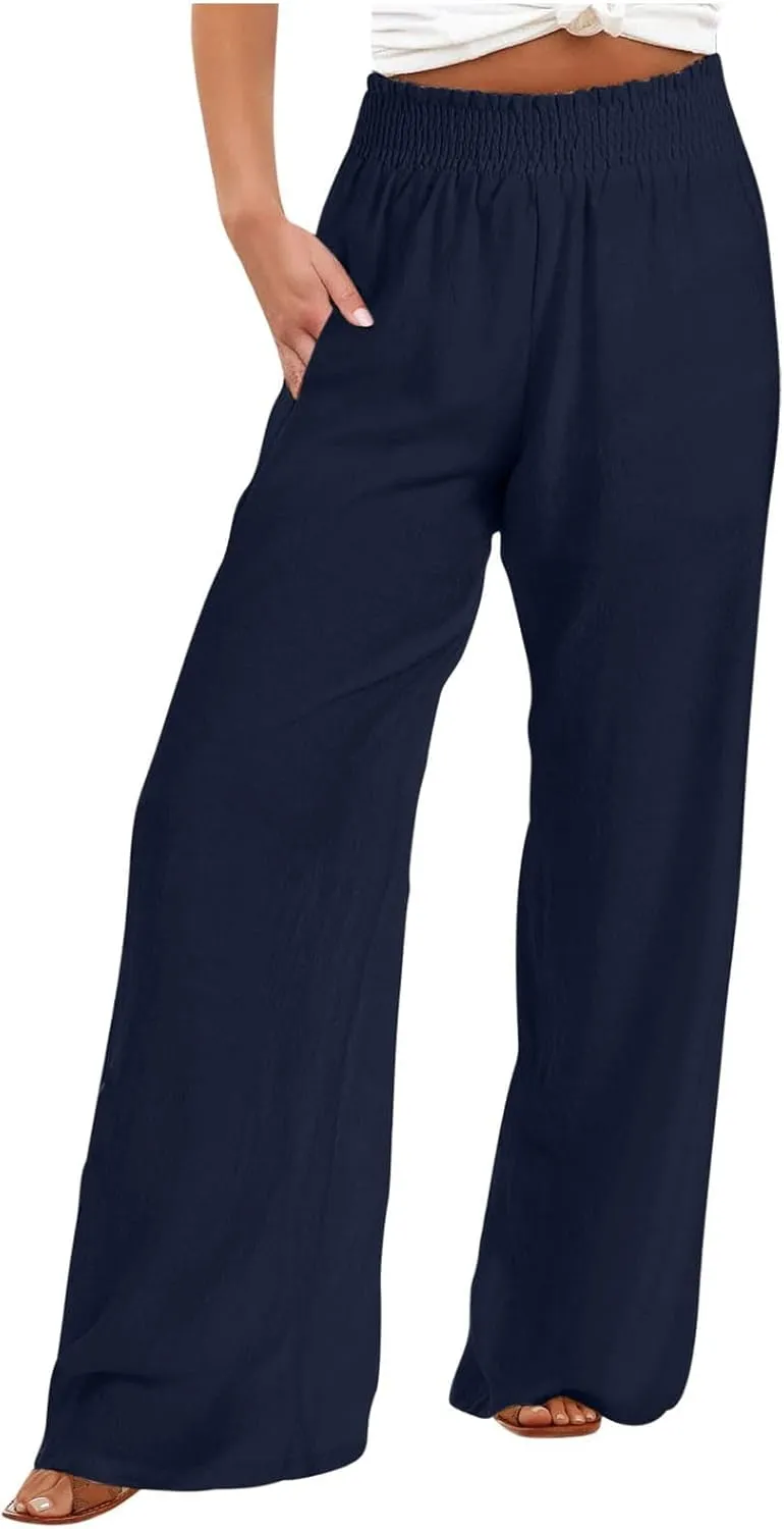 Womens Wide Leg Pants Casual High Waisted Lounge Button Trousers Flowy Lightweight Long Pant Vacation Business Pocket