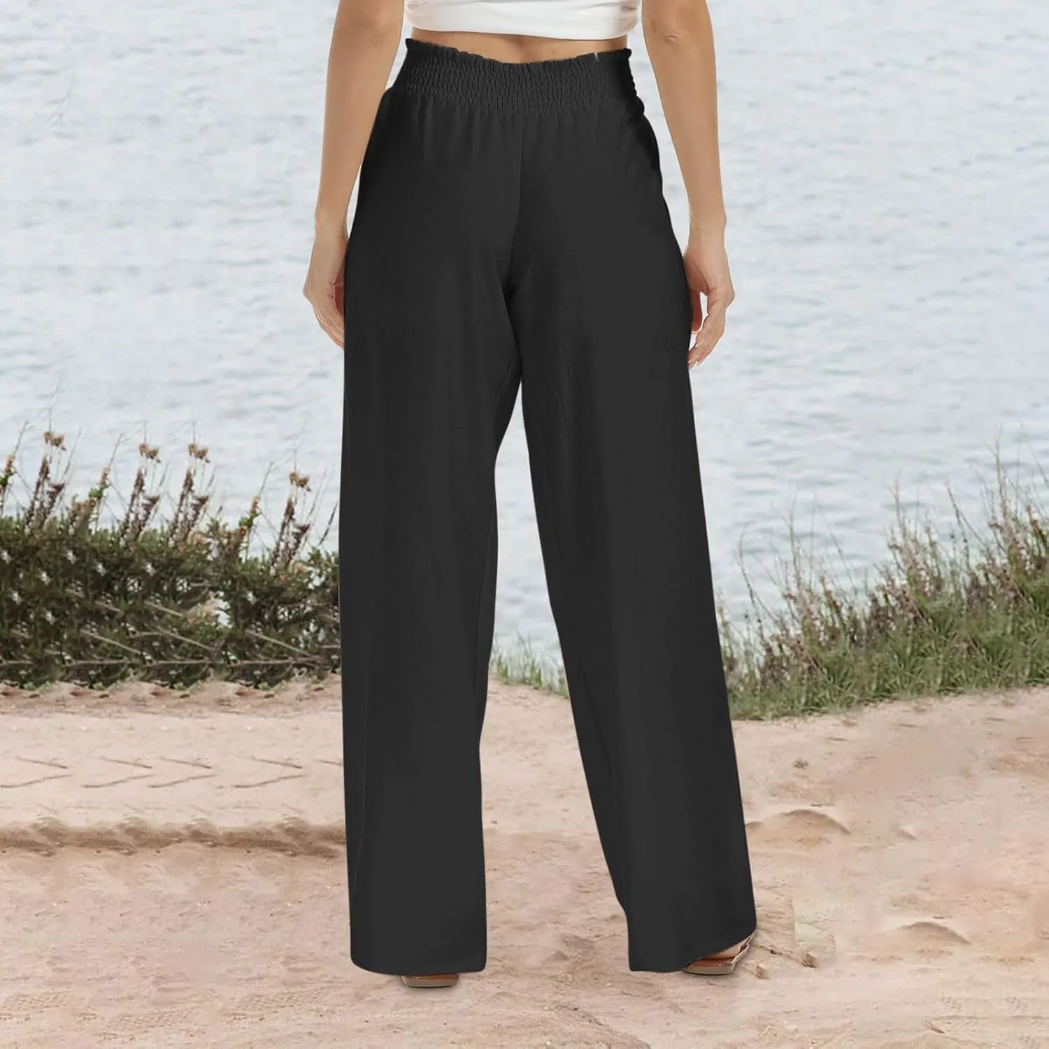 Womens Wide Leg Pants Casual High Waisted Lounge Button Trousers Flowy Lightweight Long Pant Vacation Business Pocket