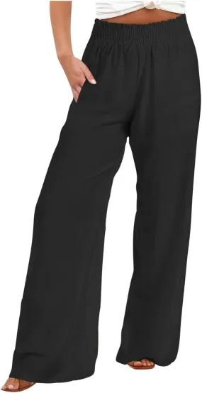 Womens Wide Leg Pants Casual High Waisted Lounge Button Trousers Flowy Lightweight Long Pant Vacation Business Pocket