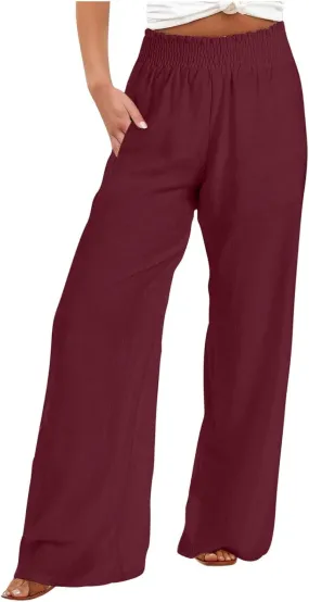 Womens Wide Leg Pants Casual High Waisted Lounge Button Trousers Flowy Lightweight Long Pant Vacation Business Pocket