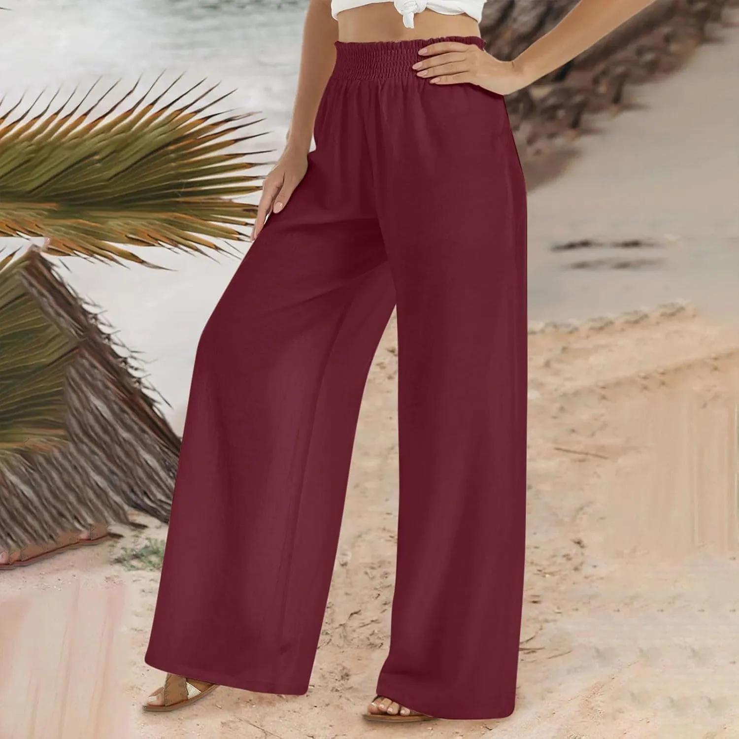 Womens Wide Leg Pants Casual High Waisted Lounge Button Trousers Flowy Lightweight Long Pant Vacation Business Pocket