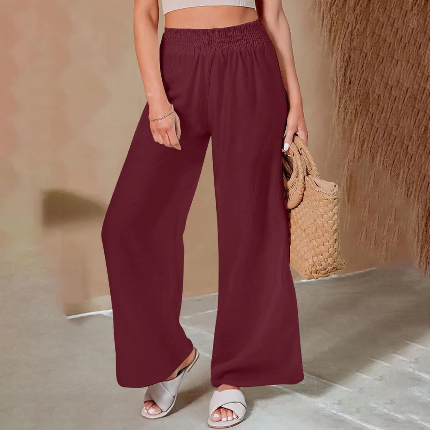 Womens Wide Leg Pants Casual High Waisted Lounge Button Trousers Flowy Lightweight Long Pant Vacation Business Pocket