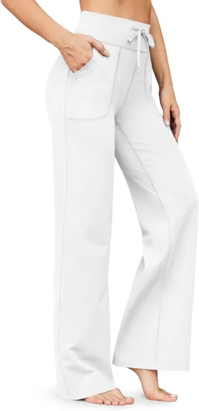Womens Wide Leg Pants High Elastic Waisted Flare Yoga Pants with Pockets Lounge Pants Baggy Straight Leg Sweatpants