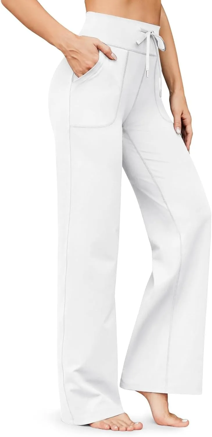 Womens Wide Leg Pants High Elastic Waisted Flare Yoga Pants with Pockets Lounge Pants Baggy Straight Leg Sweatpants