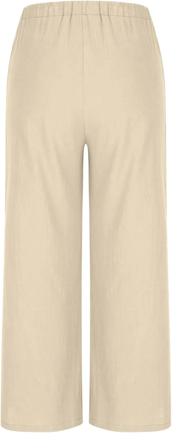 Womens Wide Leg Pants Linen Elastic High Waist Casual Pants Drawstring Loose Fit Flowy Palazzo Trousers with Pockets